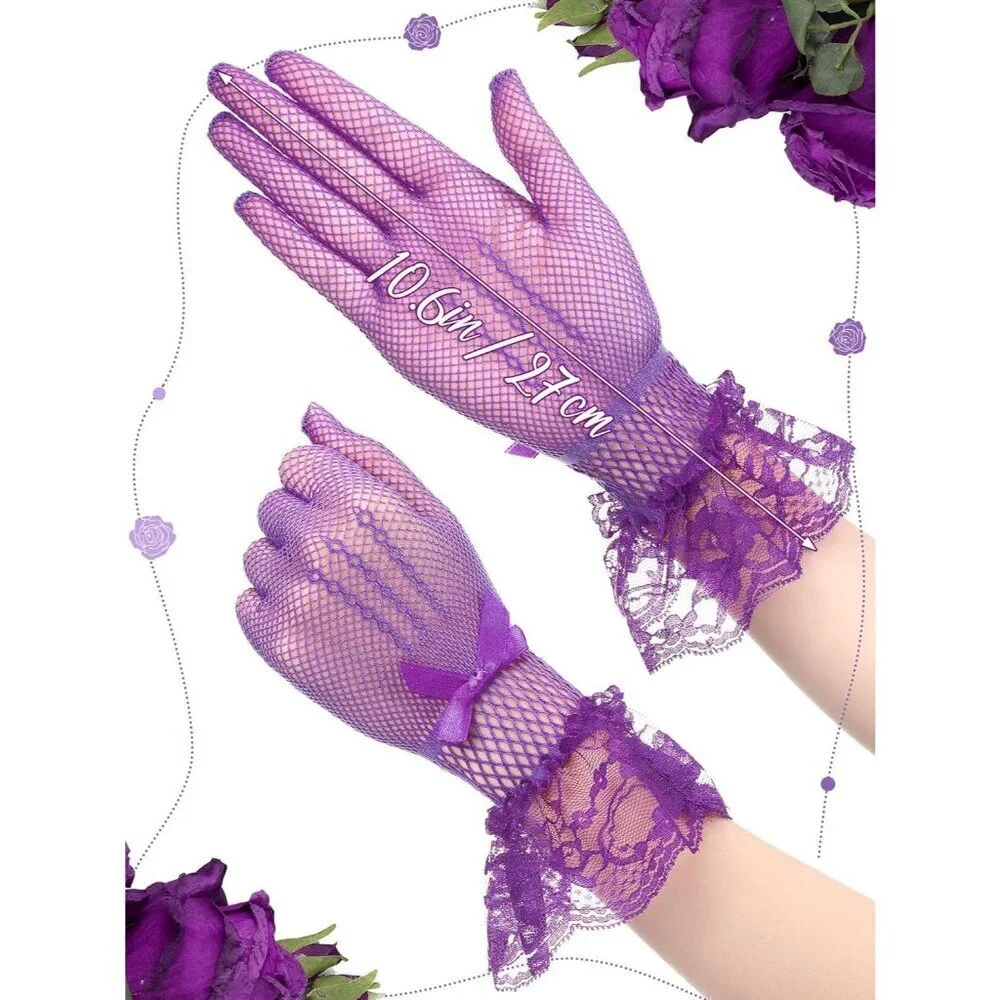 Women's Elegant Purple Short Bow Style Lace Gloves Dinner Wedding Party Tea Prom